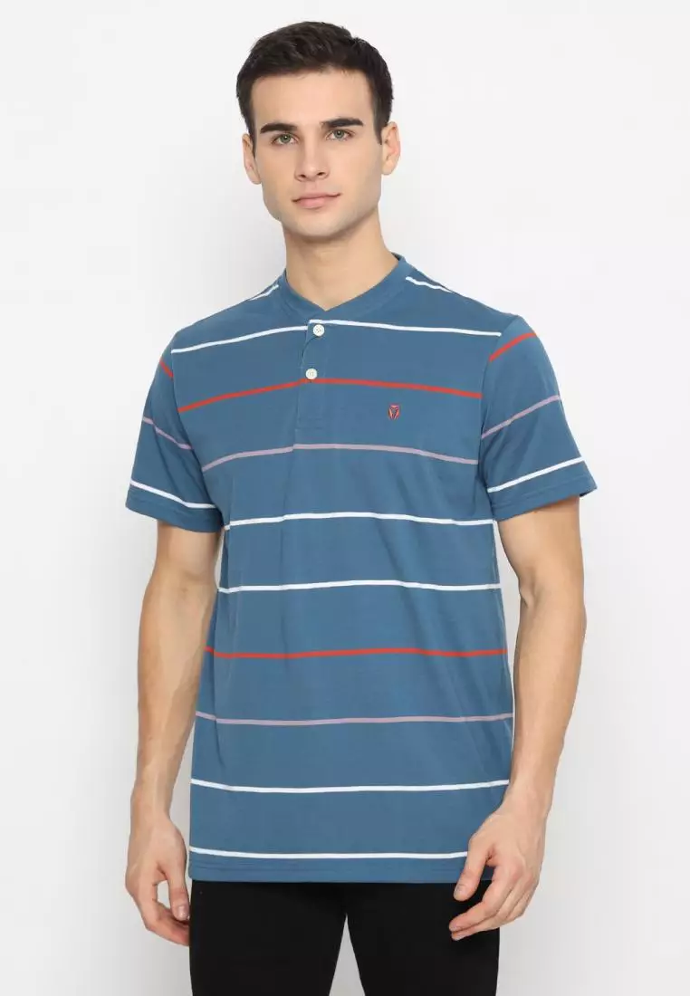 MATSUDA Kaos Pria T Shirt Henley Stripe Natori