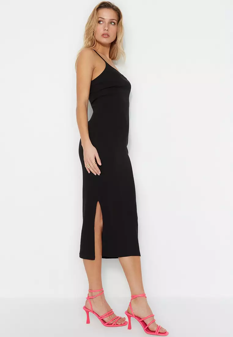 Asymmetrical Shoulder Strap Ribbed Knitted Dress