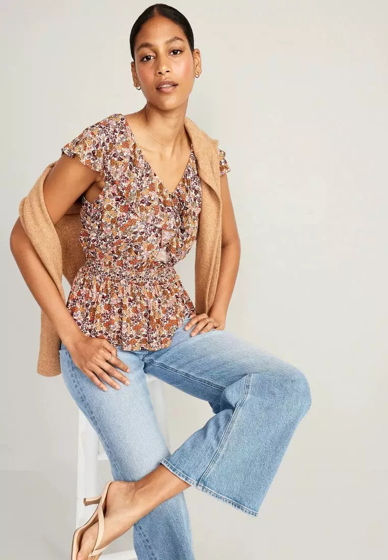 Waist-Defined Sleeveless Ruffle-Trim Top For Women