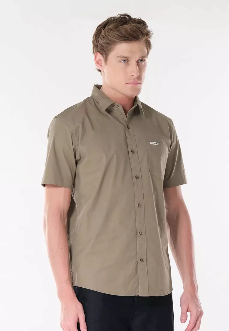Button Down Short Sleeve Polo for Men in Fatigue Color