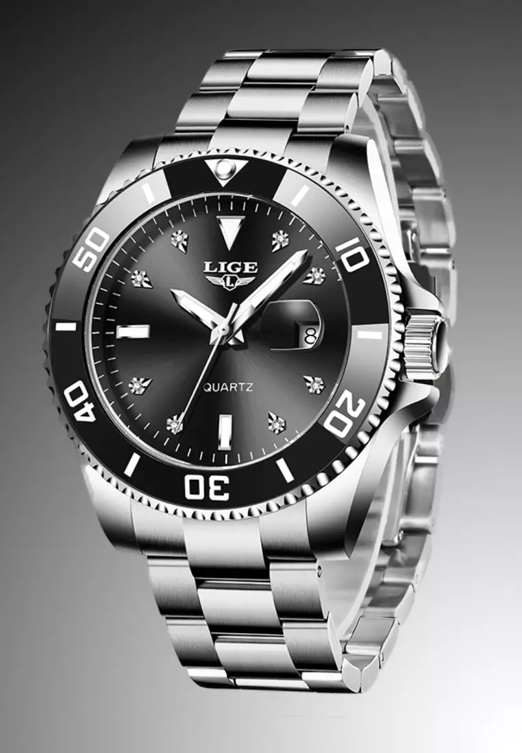 Unisex Classic Diver's Stainless Steel Quartz Watch, Stainless Steel Bracelet