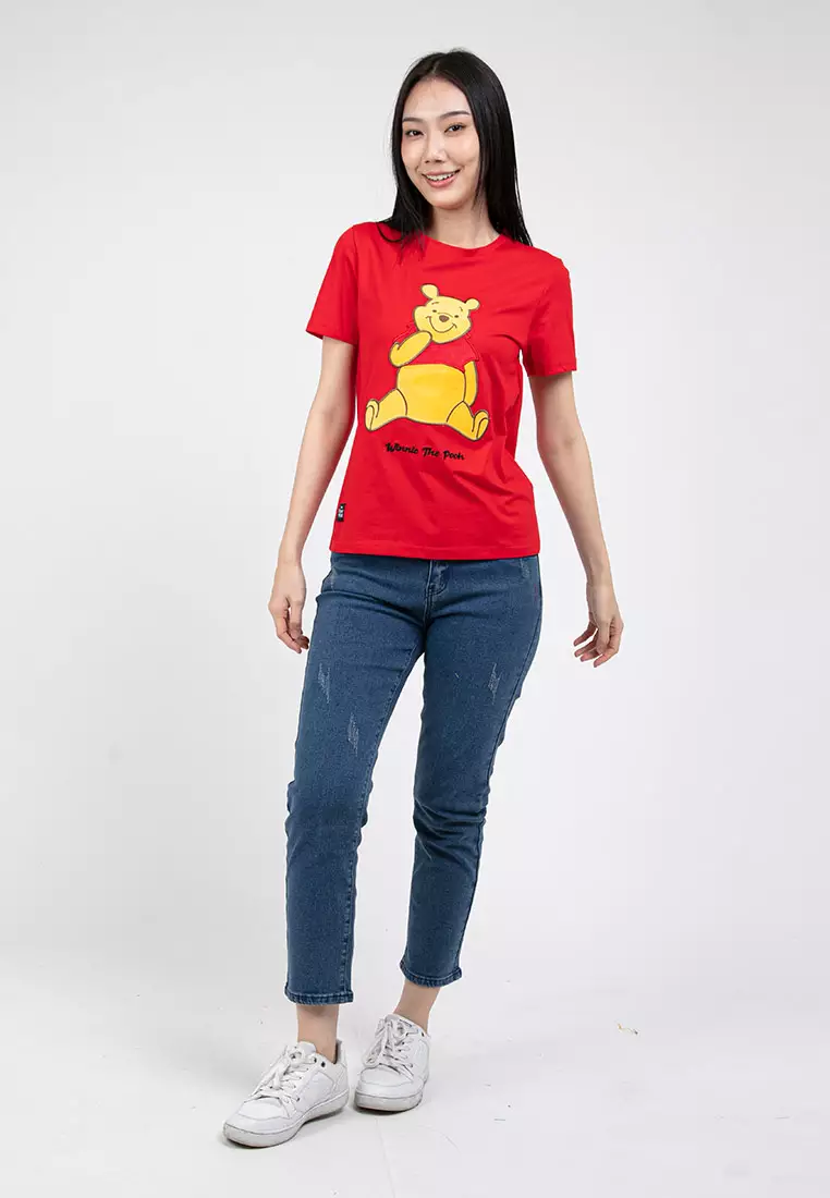Forest X Disney Winnie The Pooh Fleece Texture Round Neck Family Tee Ladies - FW820055-51Red