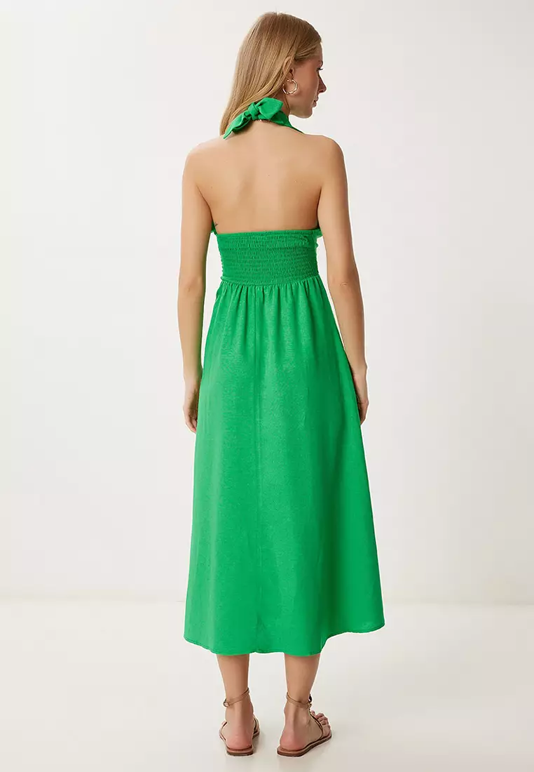 Women's Green Halter Neck Summer Linen Dress Fk00020
