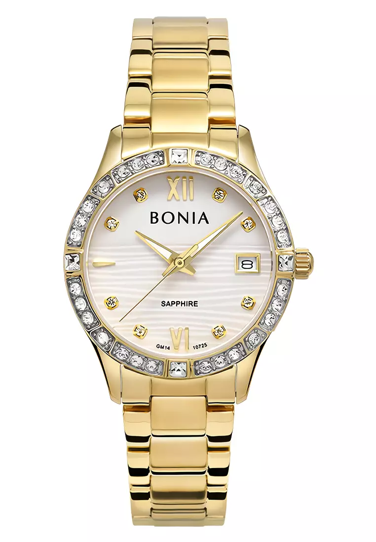 Bonia Sapphire Glass - Jam Tangan Analog Wanita - White Dial - Gold Stainless Steel - B10725-2213S