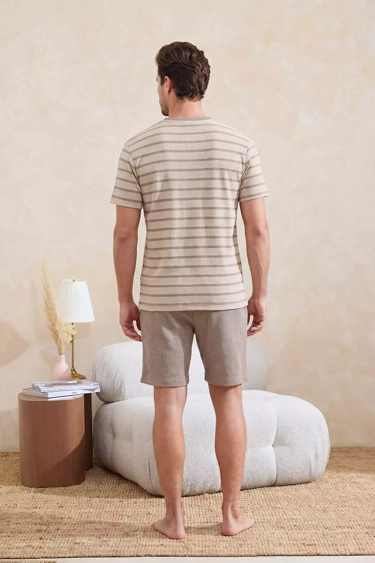 Buy Trendyol Brown-Ecru Regular Cut Striped Textured Pajama Set ...