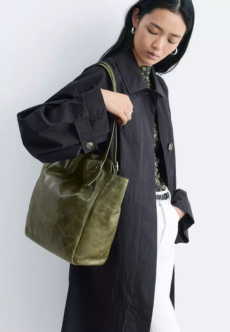 Buckle-Strap Leather Tote Bag