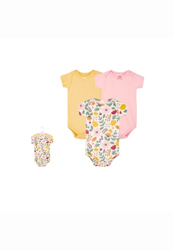 Little Kooma pink and yellow Hudson Baby Bodysuits 3 Piece Short Sleeves Pack Floral Prints 13633 9BA0BKAB3F80B9GS_1