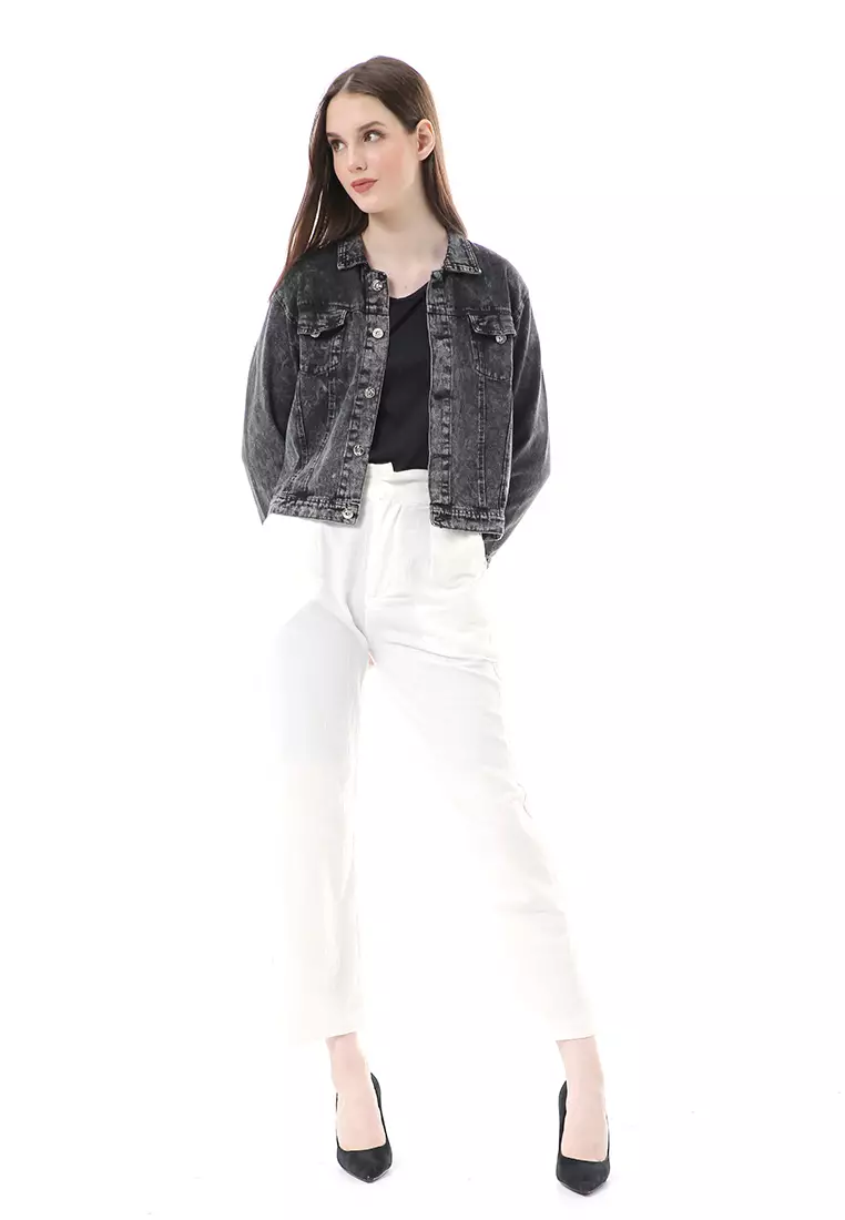 Bilah Jacket Jeans Biondy Atasan Wanita Crop All Size Premium Quality - Snow Black