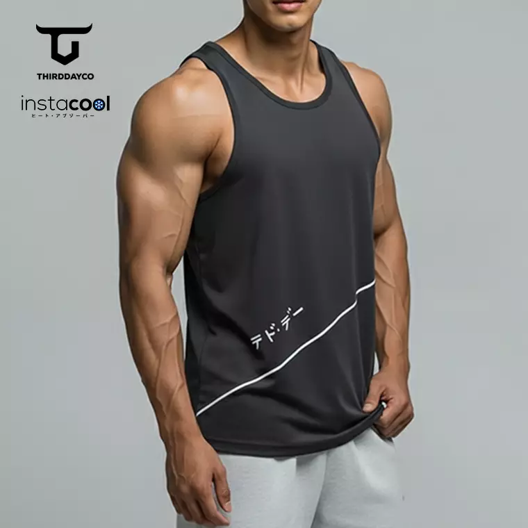 THIRDDAY Kaos Kutung Singlet Tank Top Gym instacool "diag cut katakana" SVN Abu MTY68