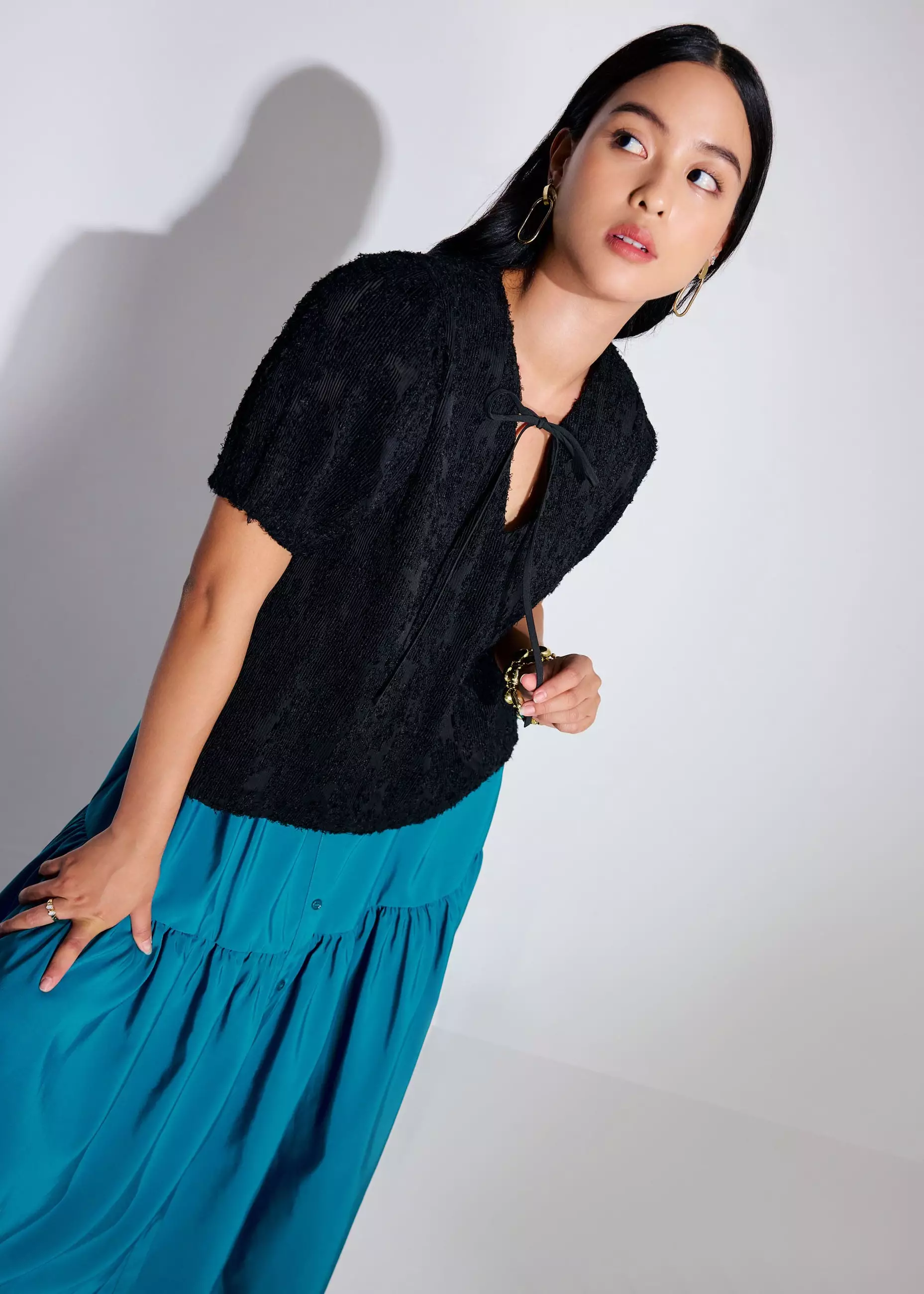 Atasan Wanita - Textured Plisse Front Tie Puff Sleeve Shell Top