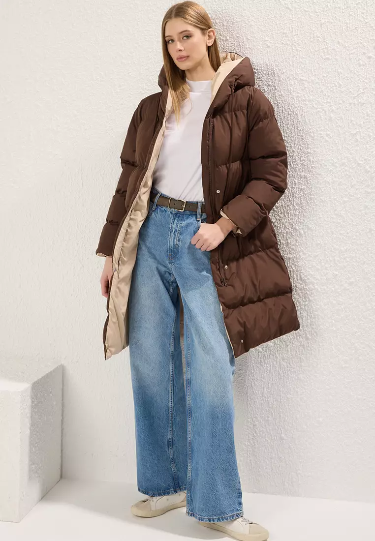 Dark Brown Ecru Double Sided Regular Fit Hooded Water Repellent Long Down Coat