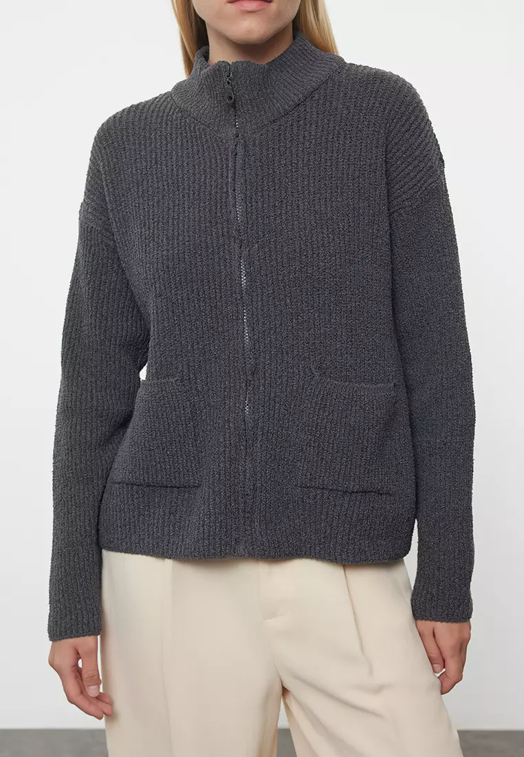 Anthracite More Sustainable Wide Pattern Soft Texture Pocket Detailed Knitwear Cardigan TWOAW25HI00314