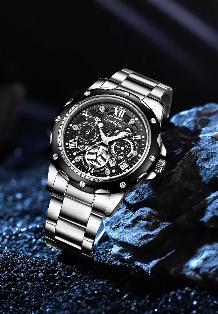 Jam Tangan Pria Kuarsa Luminous Tanggal Kasual Tali Stainless Steel Jam Tangan Cowok 8080 Silverblack