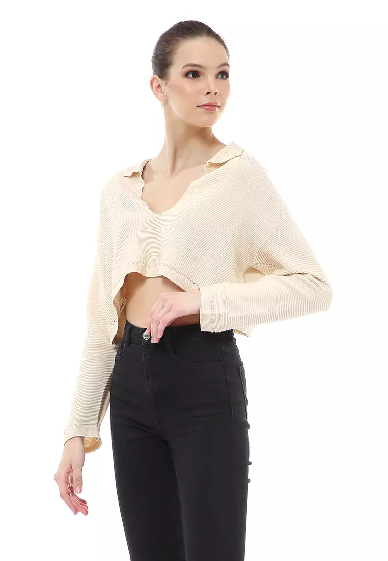 Albertine Atasan Crop Wanita Lengan Panjang Blouse Vneck Motif Polos Material Rajut ORIGINAL - Cream