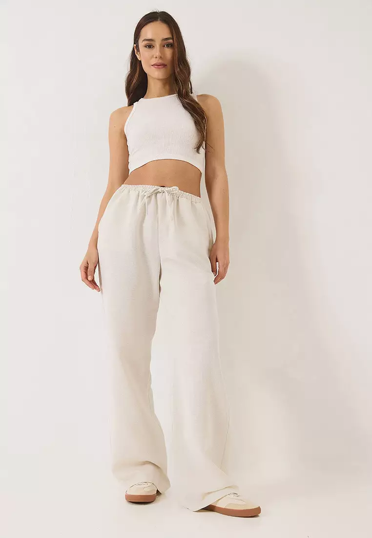 Women's Elastic Waist Pocket Detailed Palazzo Linen Trousers 80182 60271083