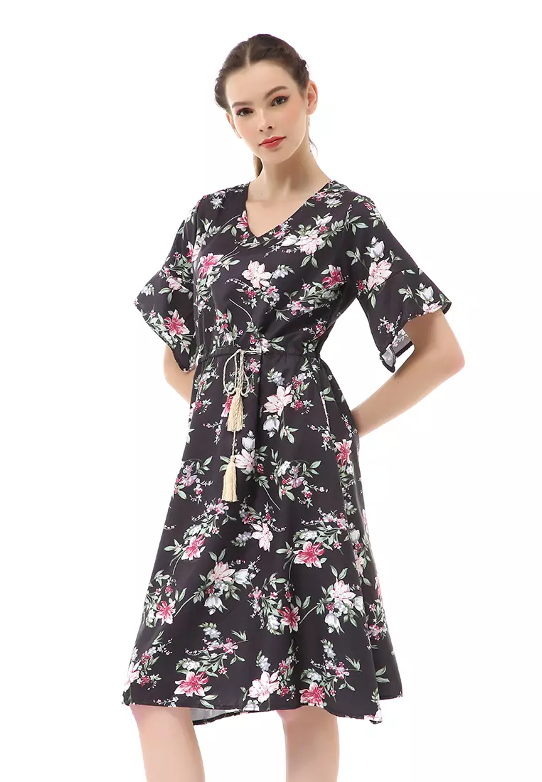 Rachel Midi Dress Wanita Karet Pinggang Short Sleeve Floral Motif Material Polyester ORIGINAL - Black