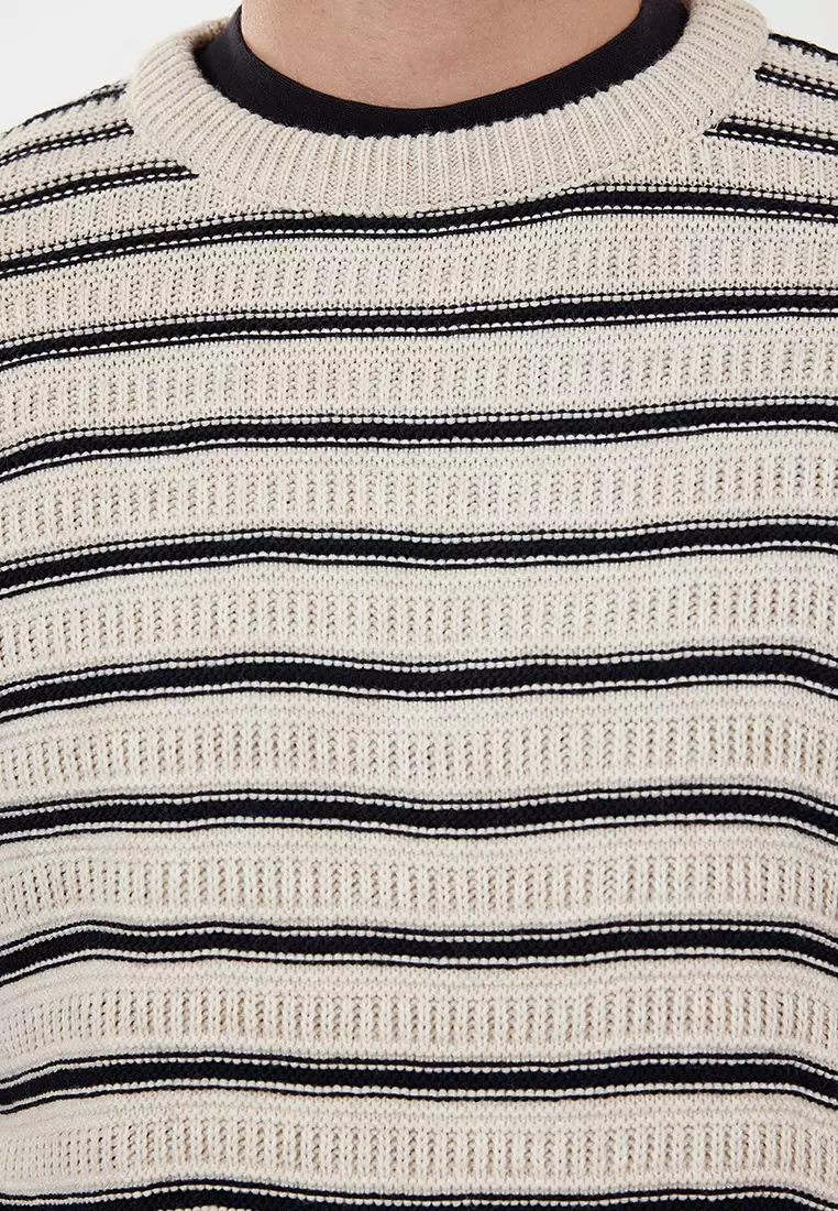Beige Casual Unisex Crew Neck Striped Knitwear Sweater TMNAW25KZ00025