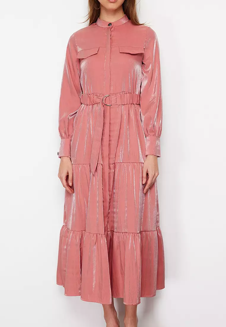 Pale Pink Shiny Satin Belt Detailed Skirt Frilly Woven Dress TCTSS24EB00169