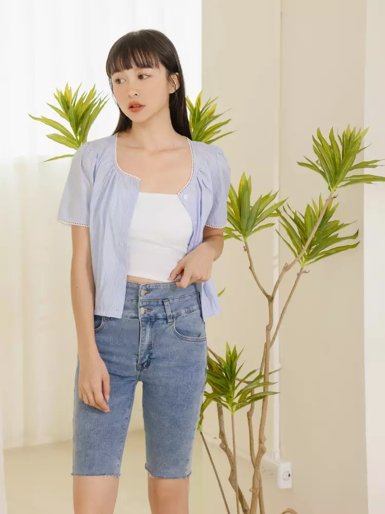 Lace Trim Striped Cropped Shirt [AB18864]