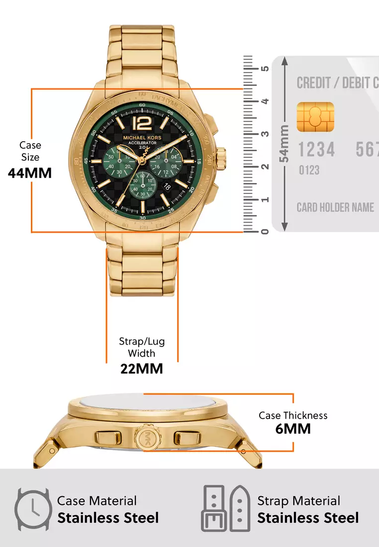 Michael Kors Men's Accelerator 2 Chronograph Watch ( MK9177 ) - Quartz, Gold Case, Round Dial, 22 MM Gold Stainless Steel Band