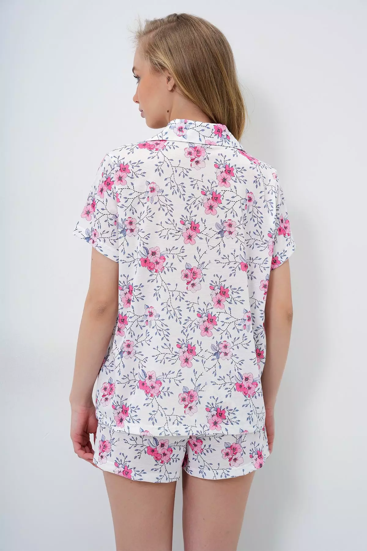 Women's Gray Pink Floral Pattern Knitted Cotton Shirt And Shorts Pajamas Set Pjm-X13886