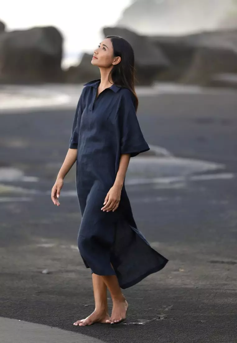 Kemer Dress Kaftan Linen Wanita Blue Black | Linen Kaftan Dress Women Blue Black