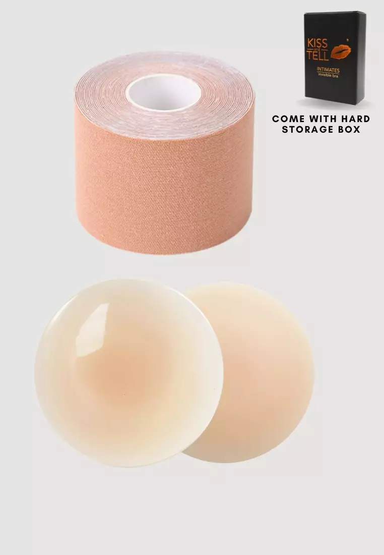 Premium Non Adhesive Nubra Nipple Cover and 5cm Body Tape Invisible Breast Lifting and Sports Muscle Tape Roll in Nude