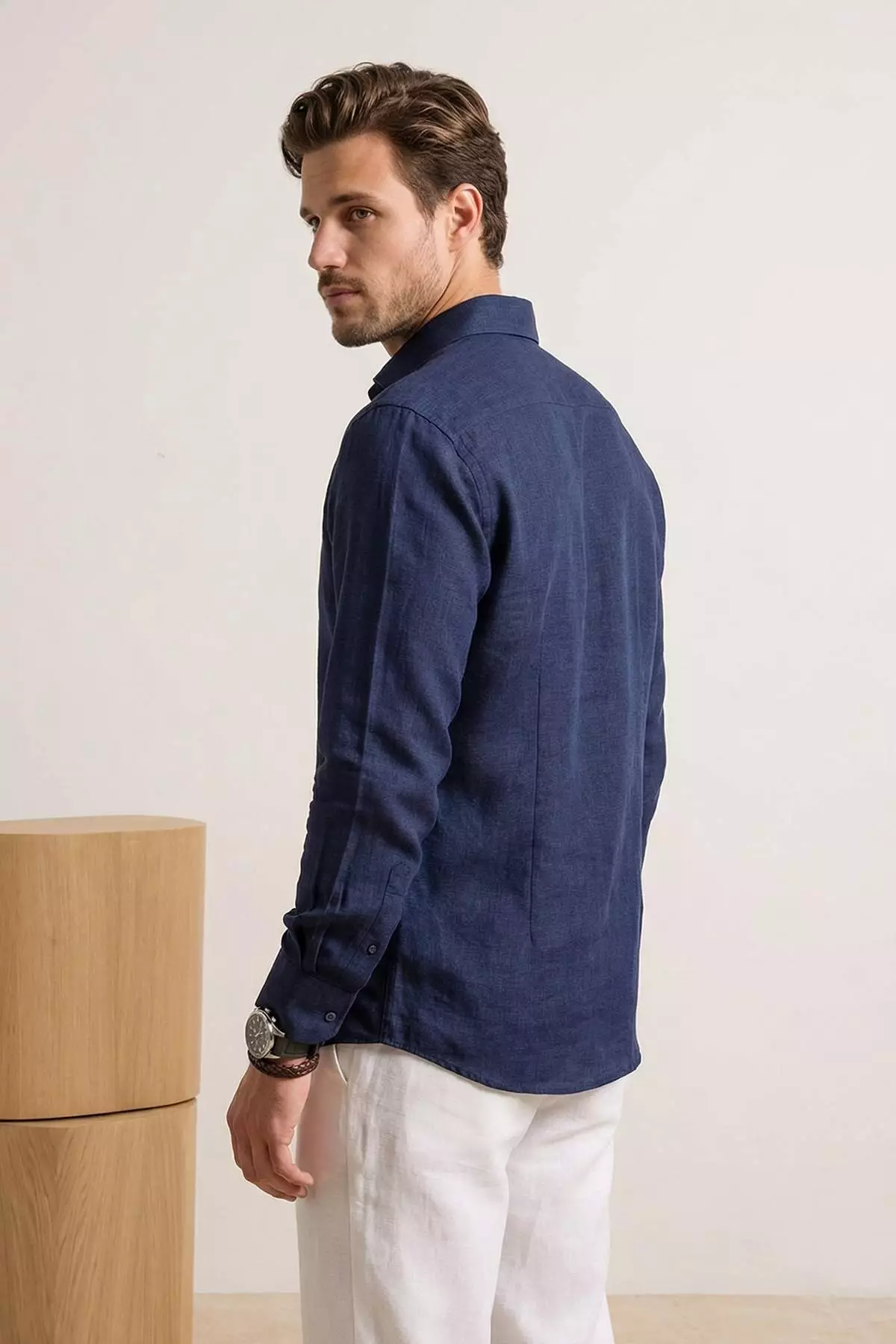 Navy Blue Regular Fit Linen Look Seasonal Men'S Woven Shirt Tmnss26Go00007