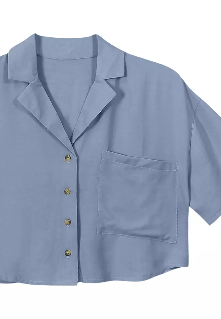 Ladies Button-Down Crop Polo - Chambray Blue
