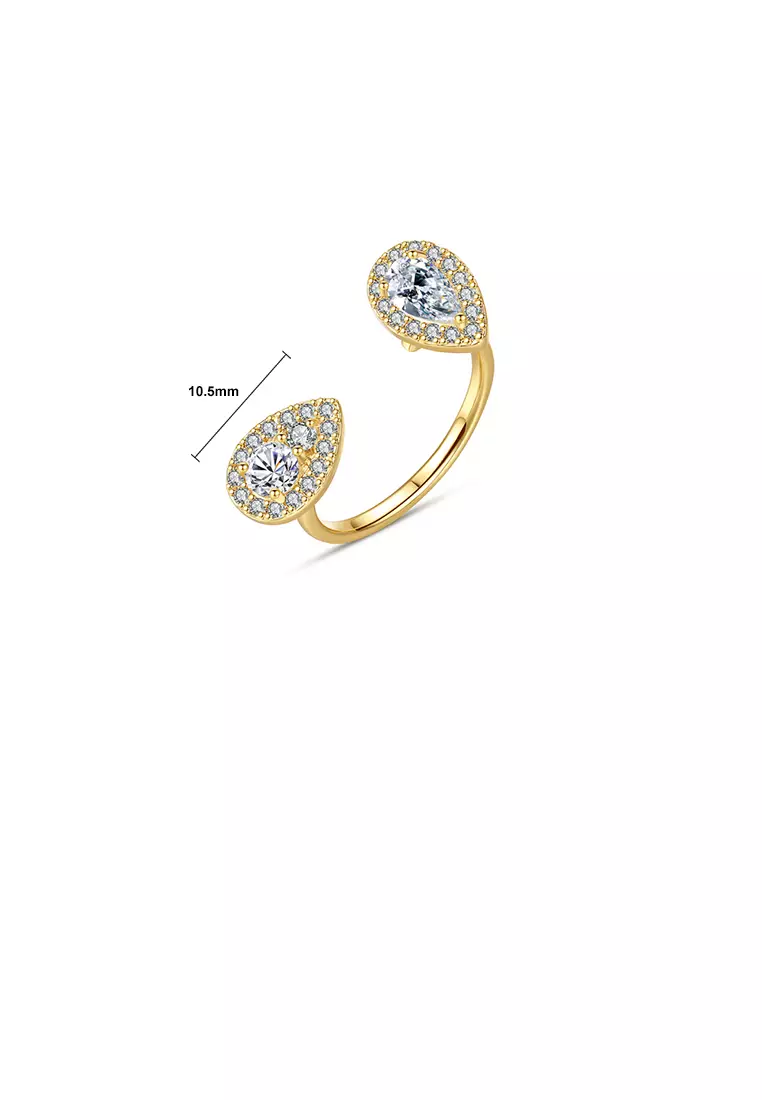 Fashion Simple Plated Gold Geometric Water Drop Adjustable Open Ring with Cubic Zirconia