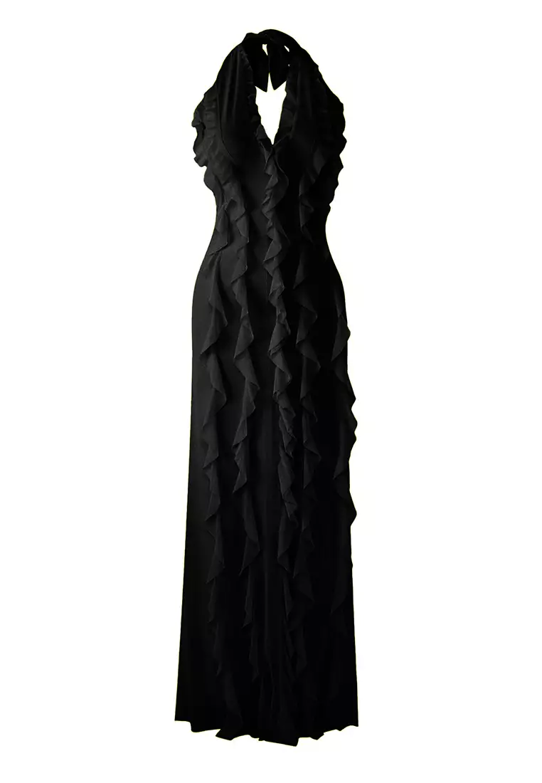 Limited Edition Black Ruffled Lined Tulle Evening Prom Dress TPRSS25AE00063