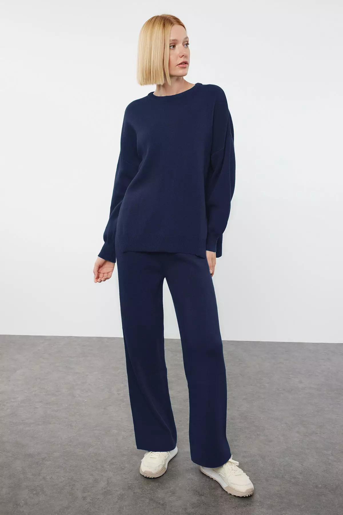 Navy Blue Wide Fit Balloon Sleeve Knitwear Bottom Top Suit