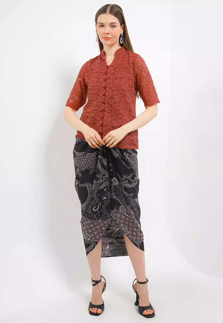 Blouse Lace Kebaya Atasan Kebaya Wanita Brukat Keyva Rust