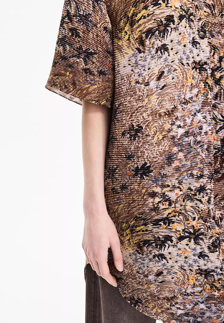 混纺图案元素花型宽松短袖衬衣