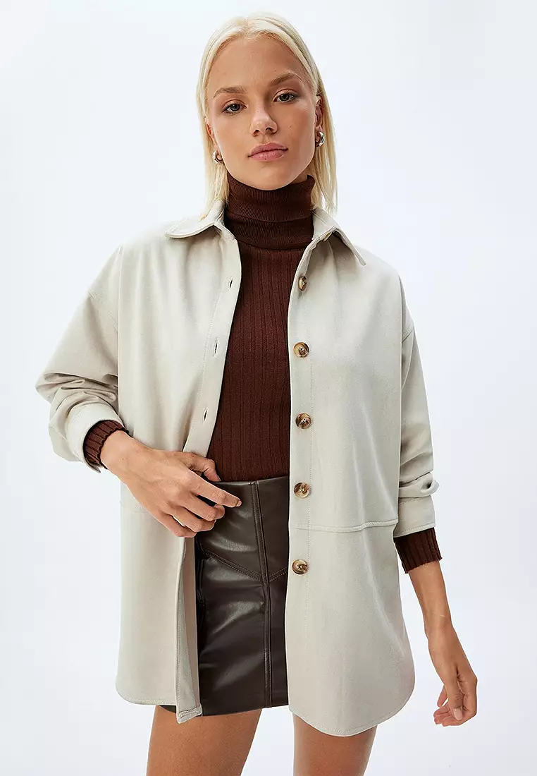 Long Sleeve Buttoned Faux Suede Shirt Jacket