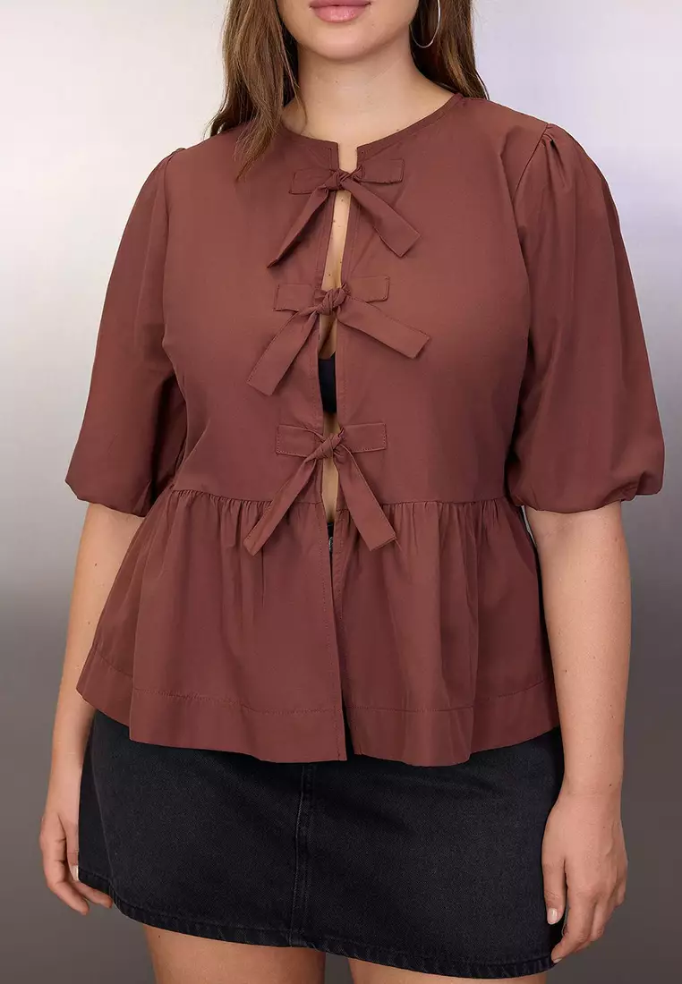 Brown Bow Woven Plus Size Blouse