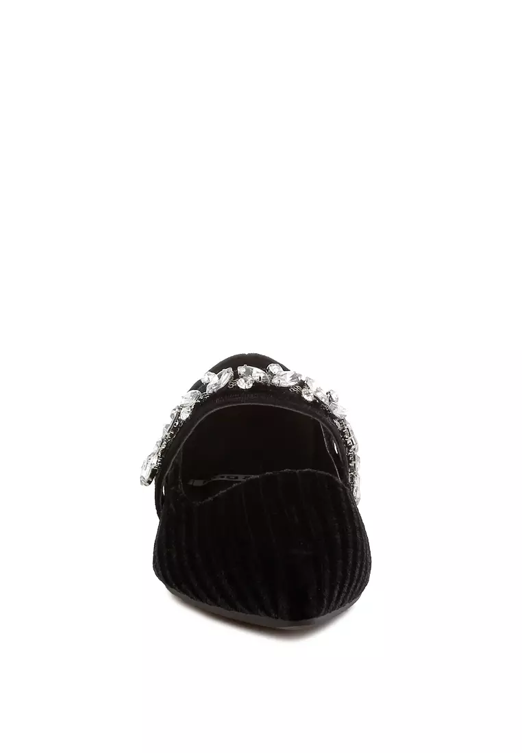 Diamante Brooch Velvet Ballerinas in Black