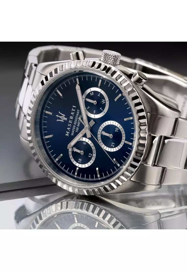 【2 Years Warranty】Maserati Competizione 43mm Blue Dial Silver Stainless Steel Chronograph Men's Quartz Watch R8853100022 With Luminous Dial Hands