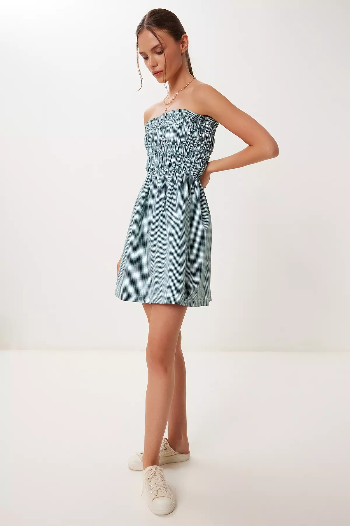Women's Green Check Strapless Mini Woven Dress Fk00043