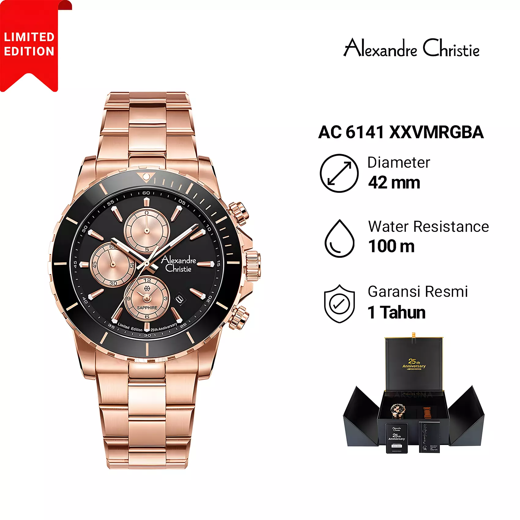 Alexandre Christie 25th ANNIVERSARY Limited Edition - Jam Tangan Chronograph Pria - Rose Gold Black - All Stainless Steel - 6141 XXVMRGBA