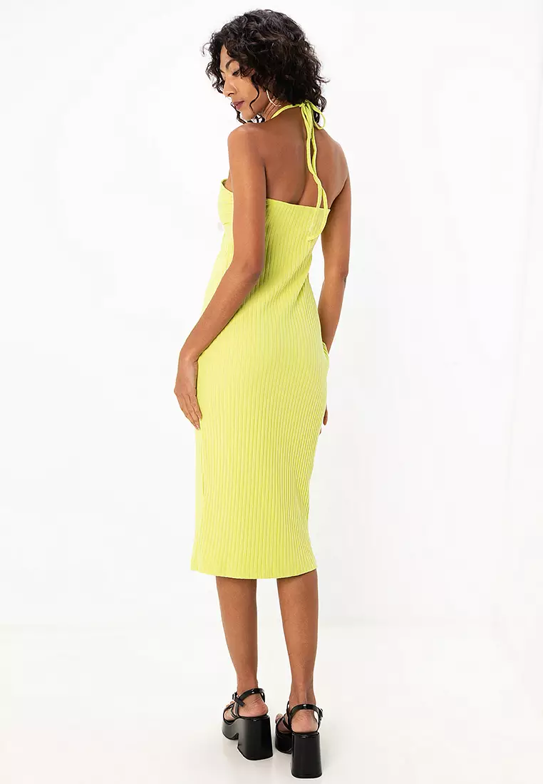Petite Ribbed Midi with Halter Neck Tie Detail Dress