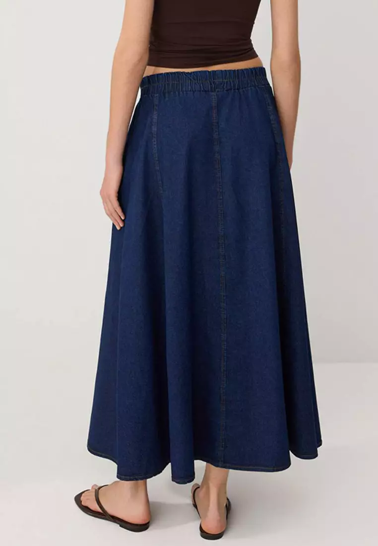 Navy Blue Flared Maxi Denim Skirt Twoss26Et22
