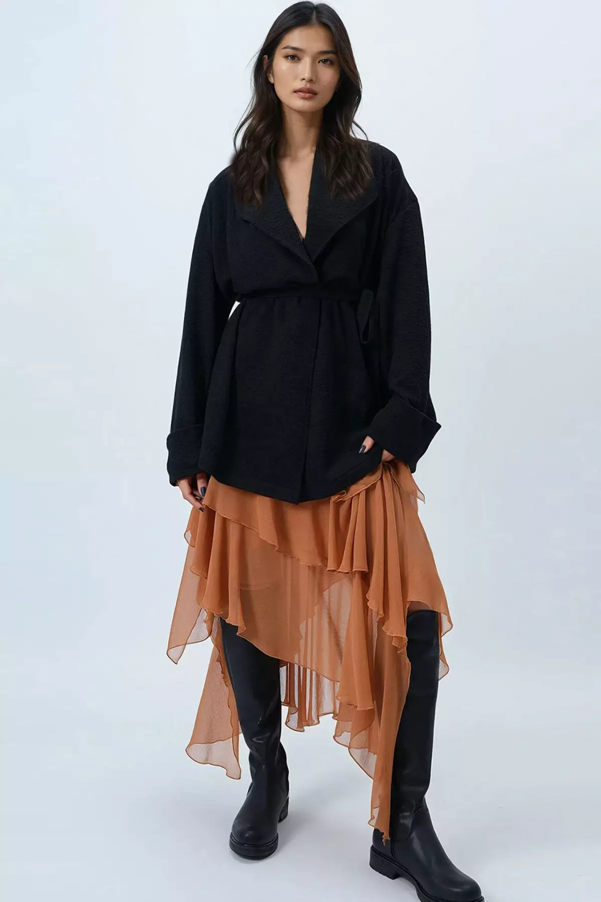 Women's Black Shawl Collar Self-Textured Belted Long Jacket Alc-X14481