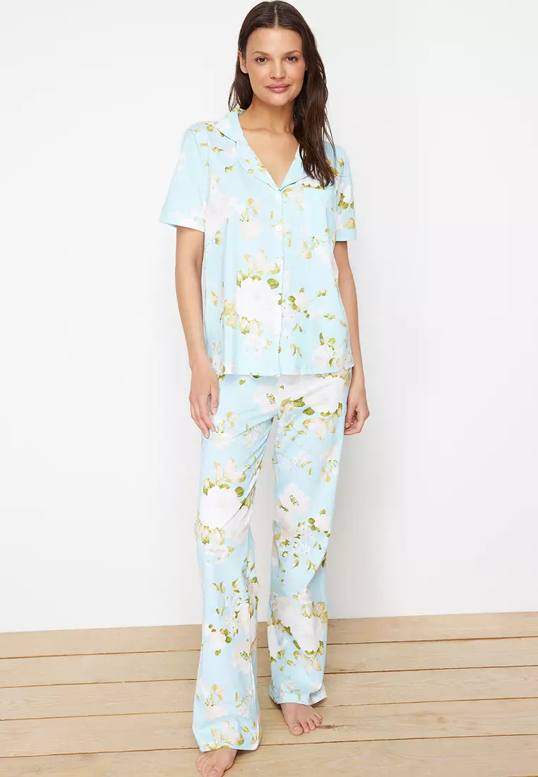 Blue 100% Cotton Floral Patterned Knitted Pajama Set