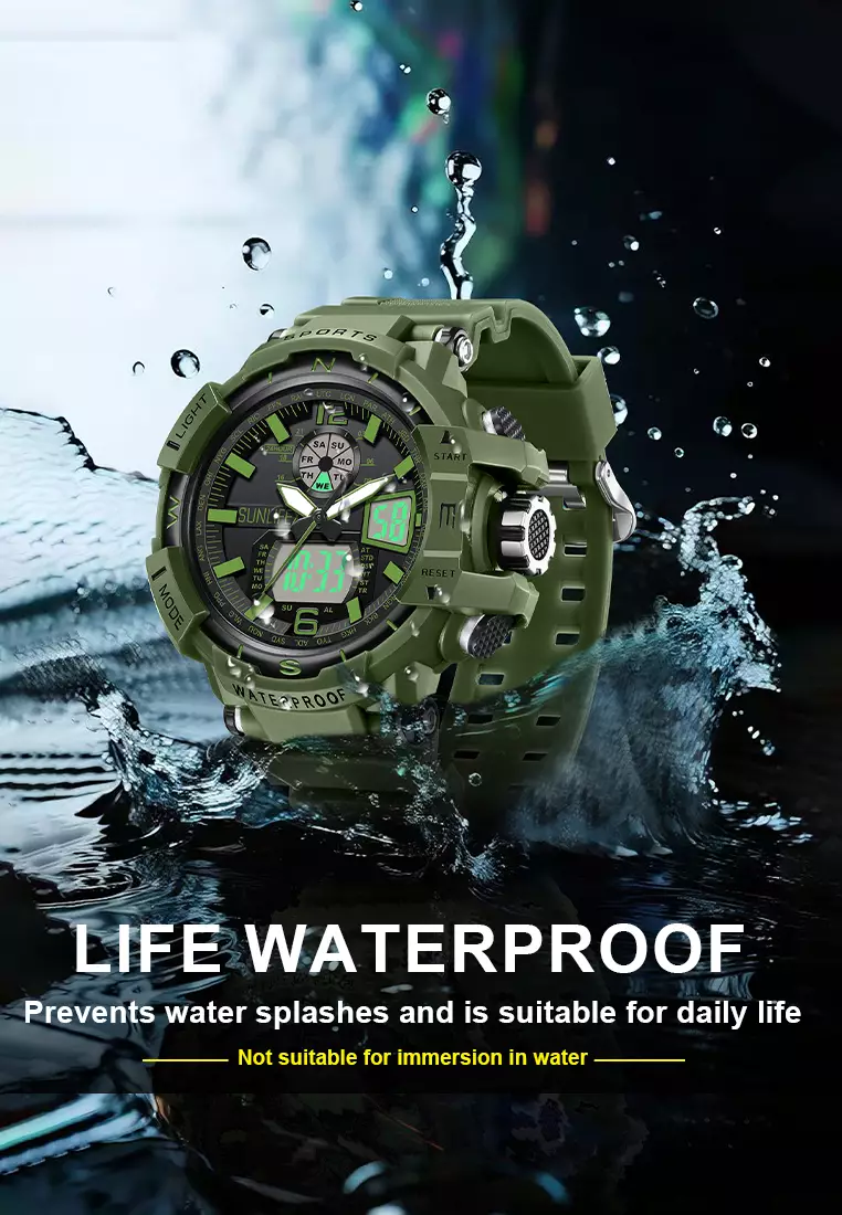 Jam Tangan Pria Digital&Analog Olahraga Bercahaya Multifungsi Alarm Jam Tangan Cowok D007 greenblack