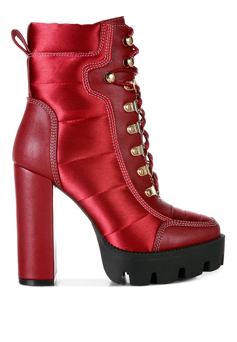 Burgundy High Heel Quilted Satin Biker Boots