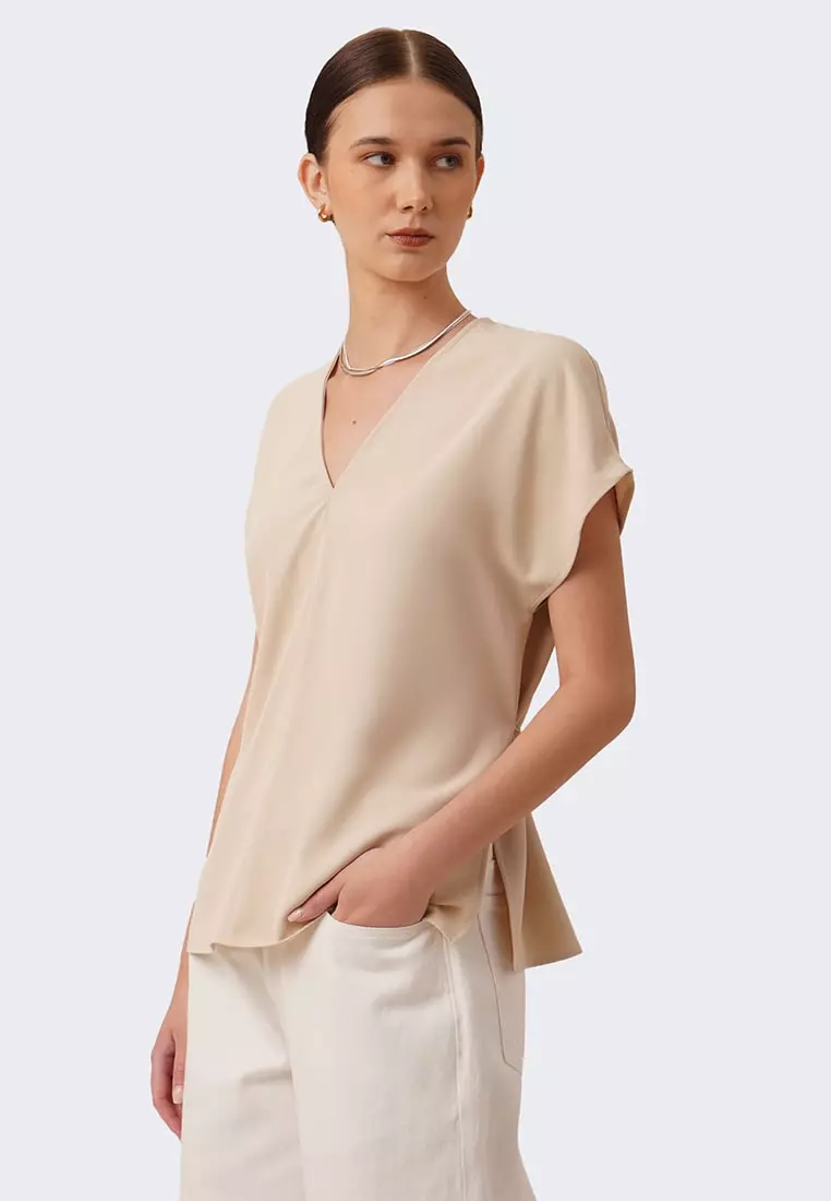 Women's Flowy Belted Blouse with Side Slits