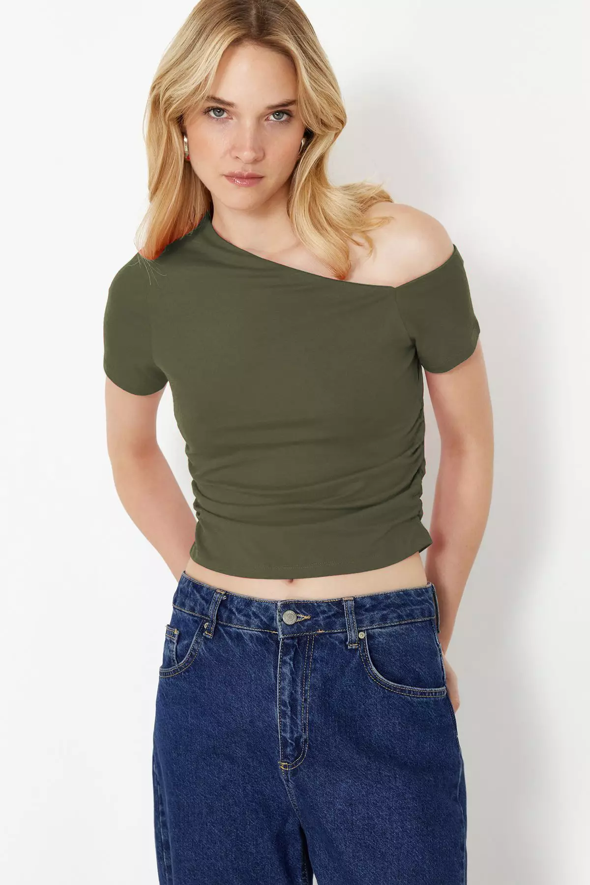 Khaki Pleated Asymmetric Collar Flexible Knitted Blouse