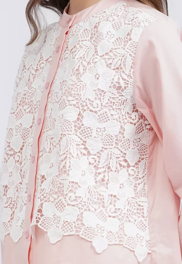 Eyelet Panel Long Sleeve Blouse LT. PINK