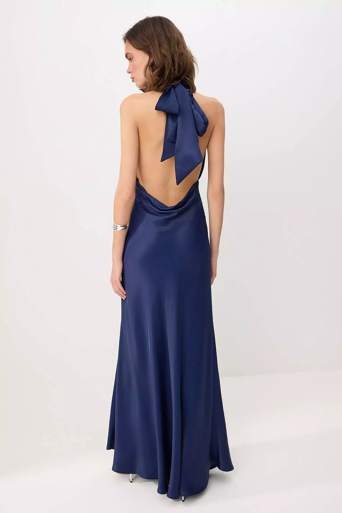 Navy Blue Halter Neck Tie-Detail Satin Maxi Evening Dress & Graduation Dress